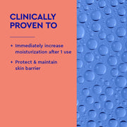 Publicité de produit avec allégations cliniques sur fond pêche et gouttelettes d'eau sur surface bleue.