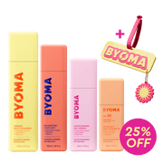 Offre groupée BYOMA Summer Skin Routine SPF 50 comprenant quatre produits de soin, une étiquette de bagage BYOMA et un badge « 25 % de réduction ».