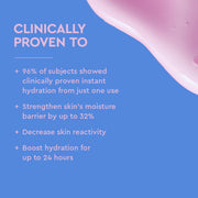 Un graphique promotionnel bleu avec un texte blanc indiquant « CLINIQUEMENT PROUVÉ », suivi de puces sur les bienfaits de l'hydratation, ainsi que d'une forme de gouttelette de liquide rose dans le coin supérieur droit.