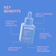 Flacon de sérum hydratant BYOMA aux bienfaits clés sur fond bleu
