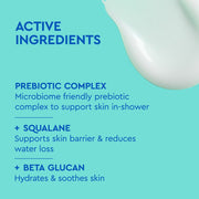 Étiquette du nettoyant corporel hydratant BYOMA répertoriant les ingrédients actifs, sur fond bleu.