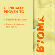 Emballage du produit avec la marque Byoma et texte sur les bienfaits des soins de la peau sur fond jaune.