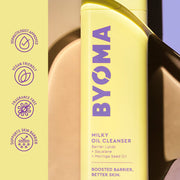 Bouteille de nettoyant à l'huile lactée BYOMA avec marque et détails du produit sur fond dégradé