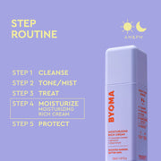 BYOMA crème riche hydratante avec routine étape sur fond violet
