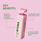 Flacon nettoyant pour le corps BYOMA aux bienfaits clés sur fond rose