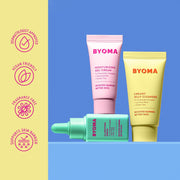 Produits de soin BYOMA sur fond bleu avec des icônes de marque sur une barre latérale jaune.