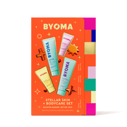 Emballage de l'ensemble de soins du corps BYOMA sur fond orange