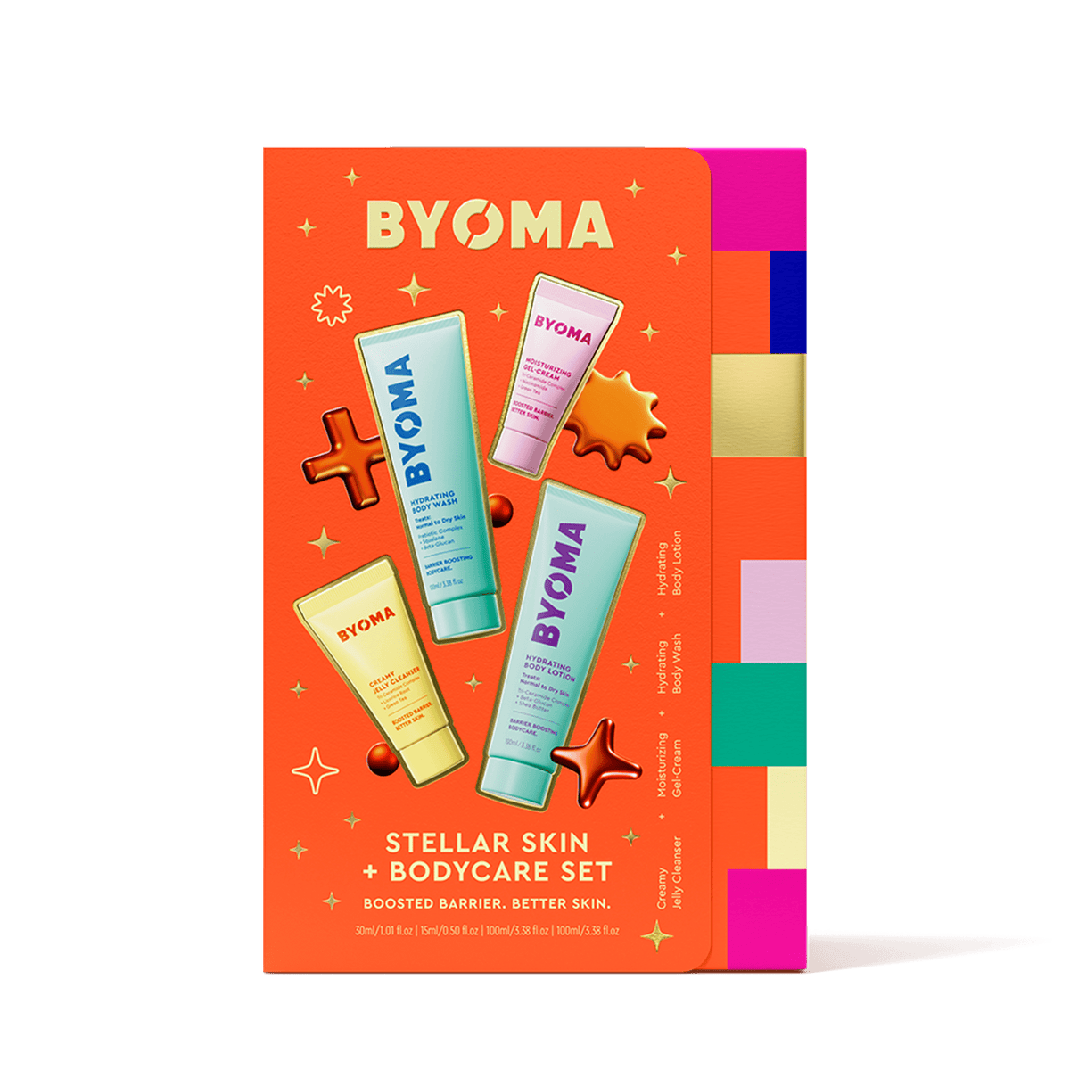Emballage de l'ensemble de soins du corps BYOMA sur fond orange