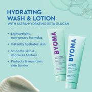 Nettoyant et lotion hydratants BYOMA avec texte sur fond bleu clair