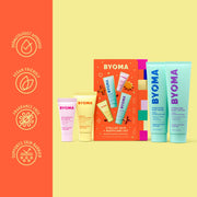 Produits de soin BYOMA avec une boîte colorée sur fond jaune
